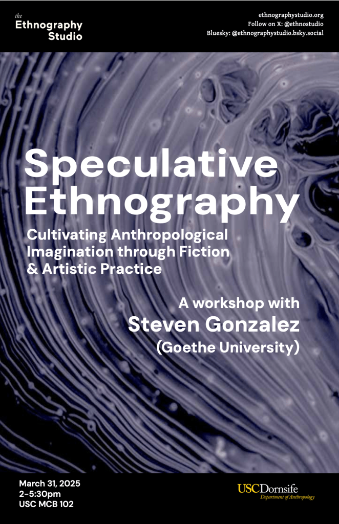 Poster for the Speculative Ethnography workshop. The background image is an abstract rendering of what looks like wavy lines of paint, extending in nesting circles; it evokes electricity and energy.